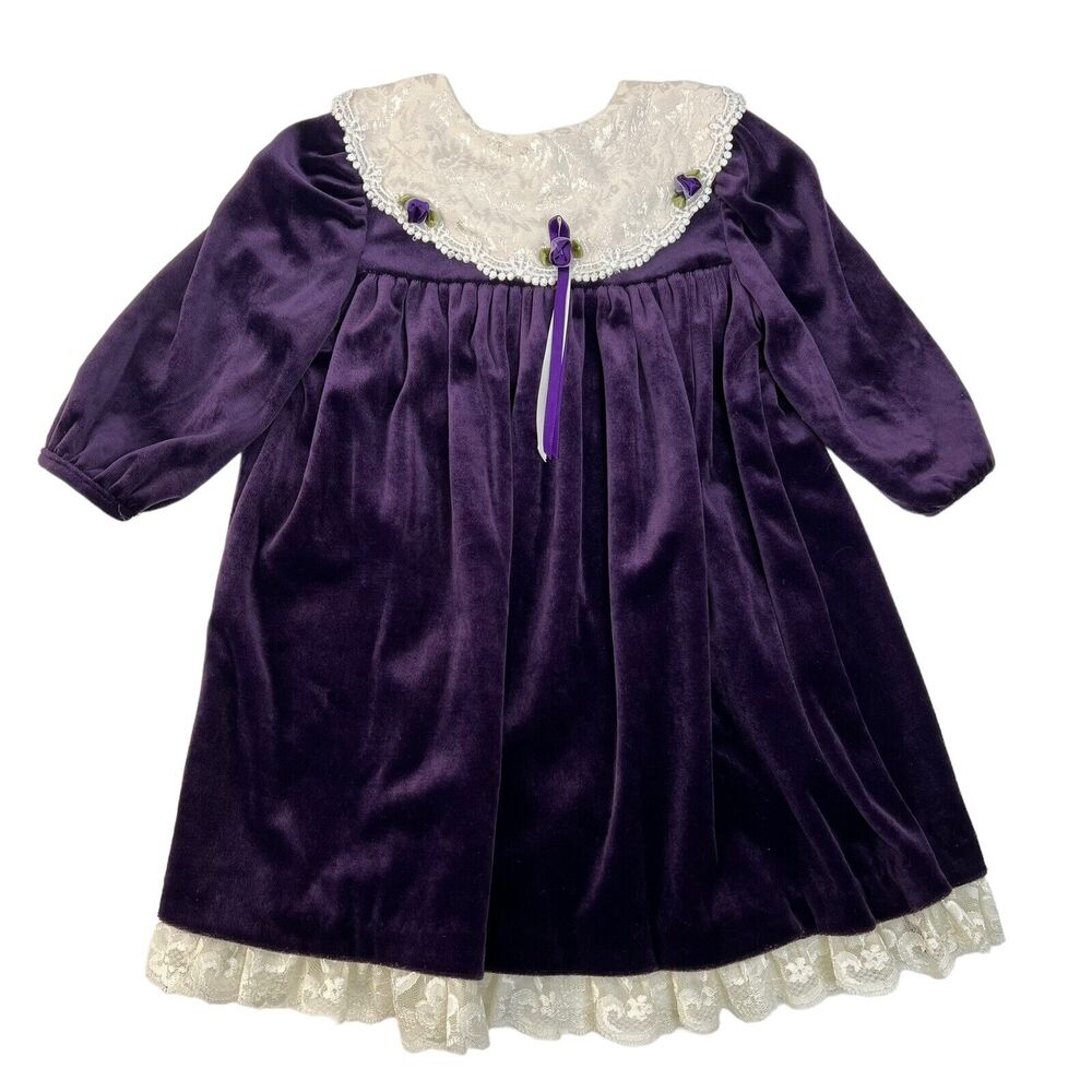 Vtg Chantilly Place Sz 2T Dress Purple Velvet Lace Bow Christmas Long Sleeve